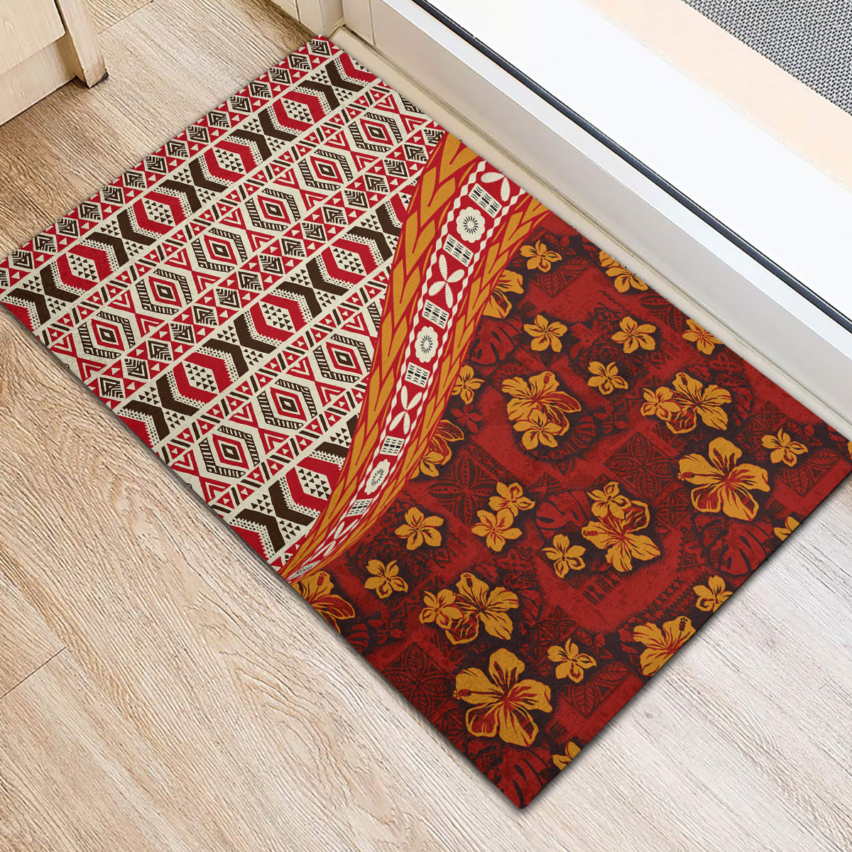 Hawaii Native Tapa Elements and Hibiscus Flowers Rubber Doormat LT03 - Polynesian Pride