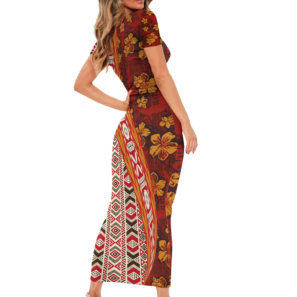 Hawaii Native Tapa Elements and Hibiscus Flowers Short Sleeve Bodycon Dress LT03 - Polynesian Pride