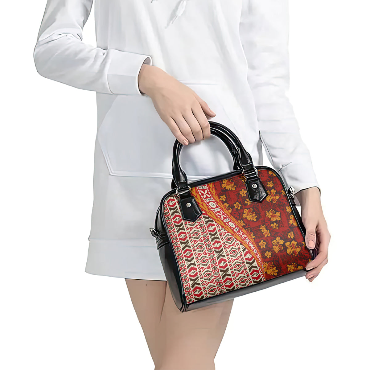 Hawaii Native Tapa Elements and Hibiscus Flowers Shoulder Handbag LT03 - Polynesian Pride
