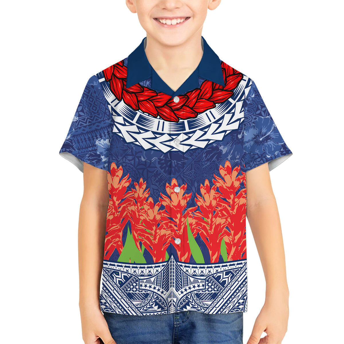 Samoan Tapa Family Matching Off Shoulder Long Sleeve Dress and Hawaiian Shirt Ula Fala and Teuila Flower LT03 Son's Shirt Blue - Polynesian Pride