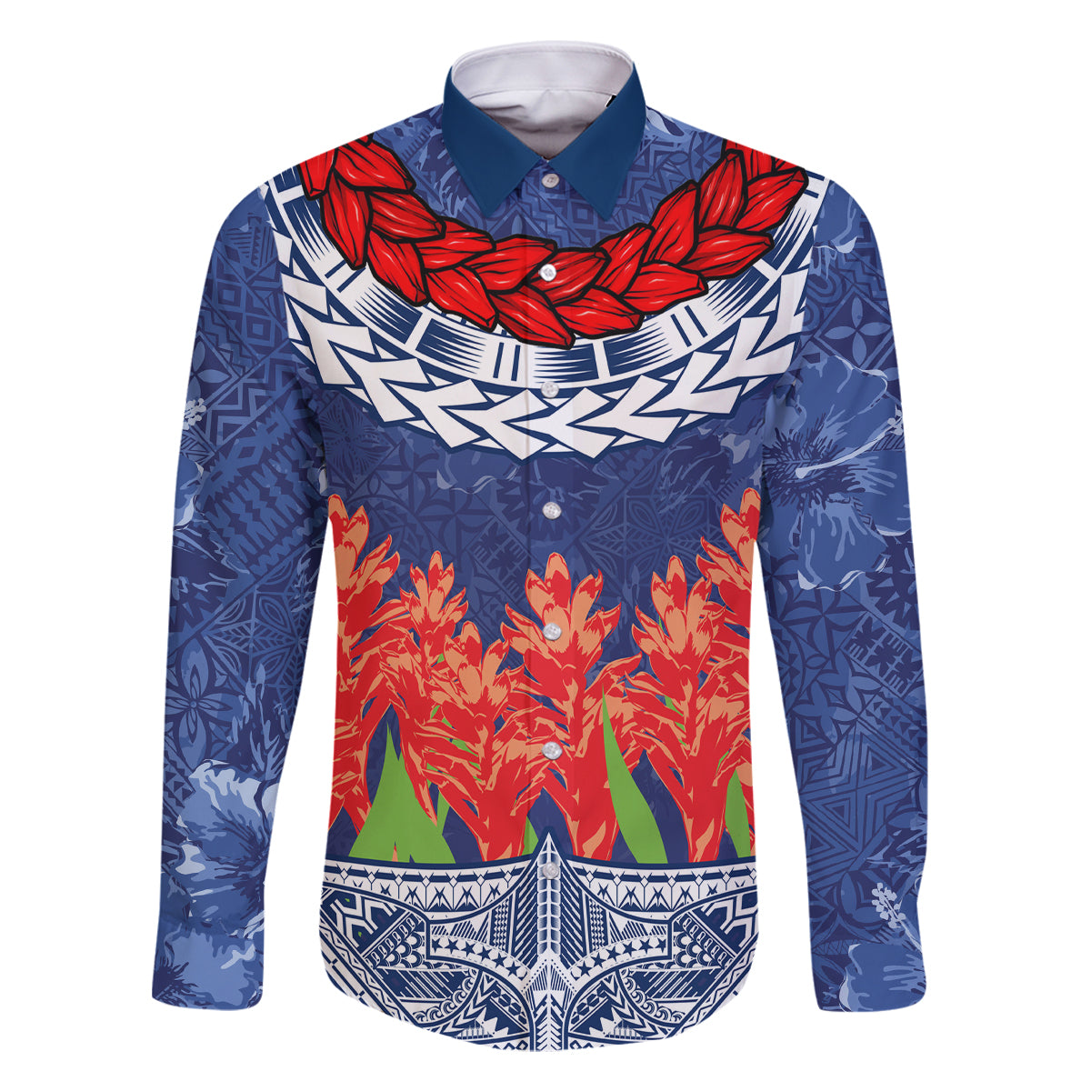 Samoan Tapa Family Matching Off Shoulder Maxi Dress and Hawaiian Shirt Ula Fala and Teuila Flower LT03 Dad's Shirt - Long Sleeve Blue - Polynesian Pride