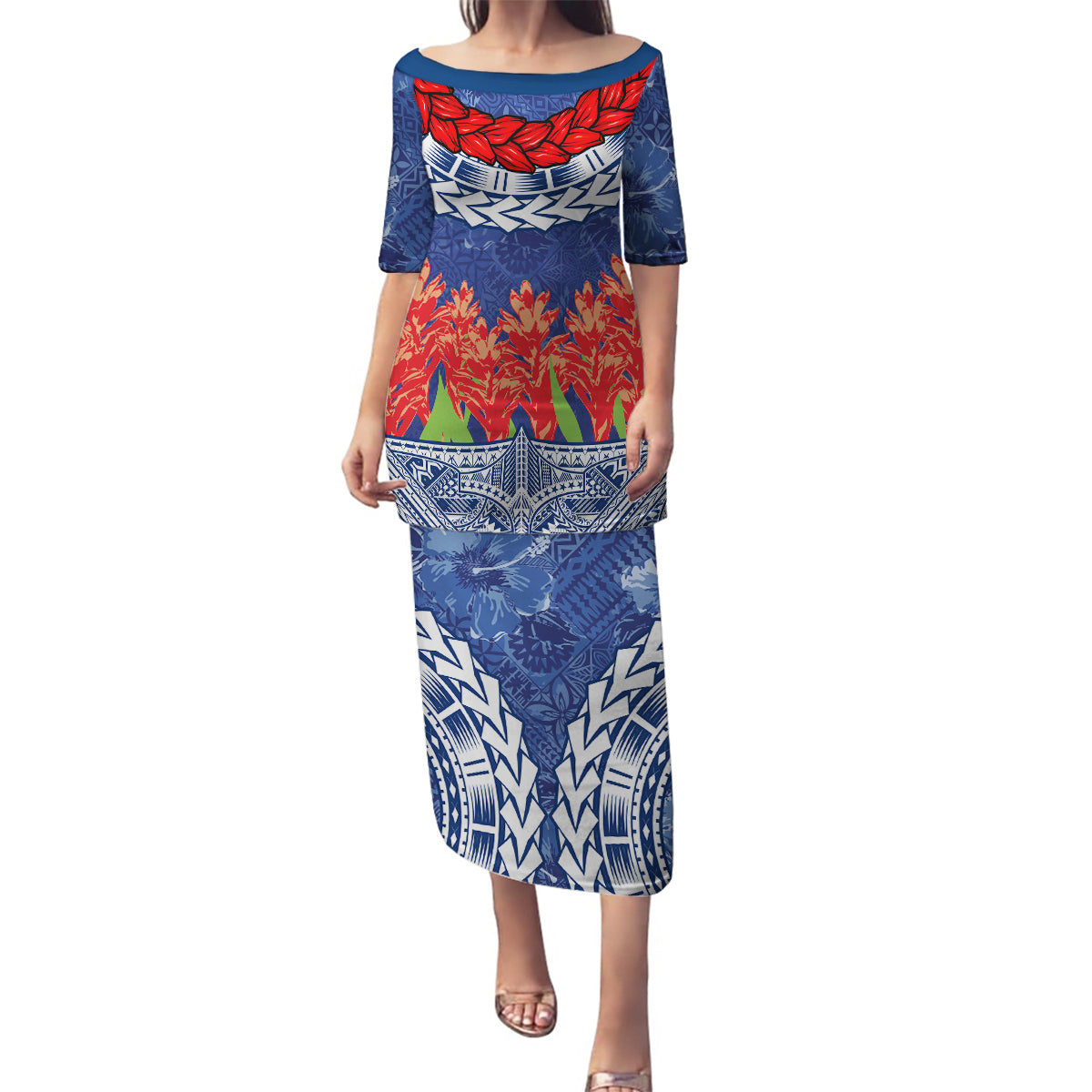 Samoan Tapa Family Matching Puletasi and Hawaiian Shirt Ula Fala and Teuila Flower LT03 Mom's Dress Blue - Polynesian Pride