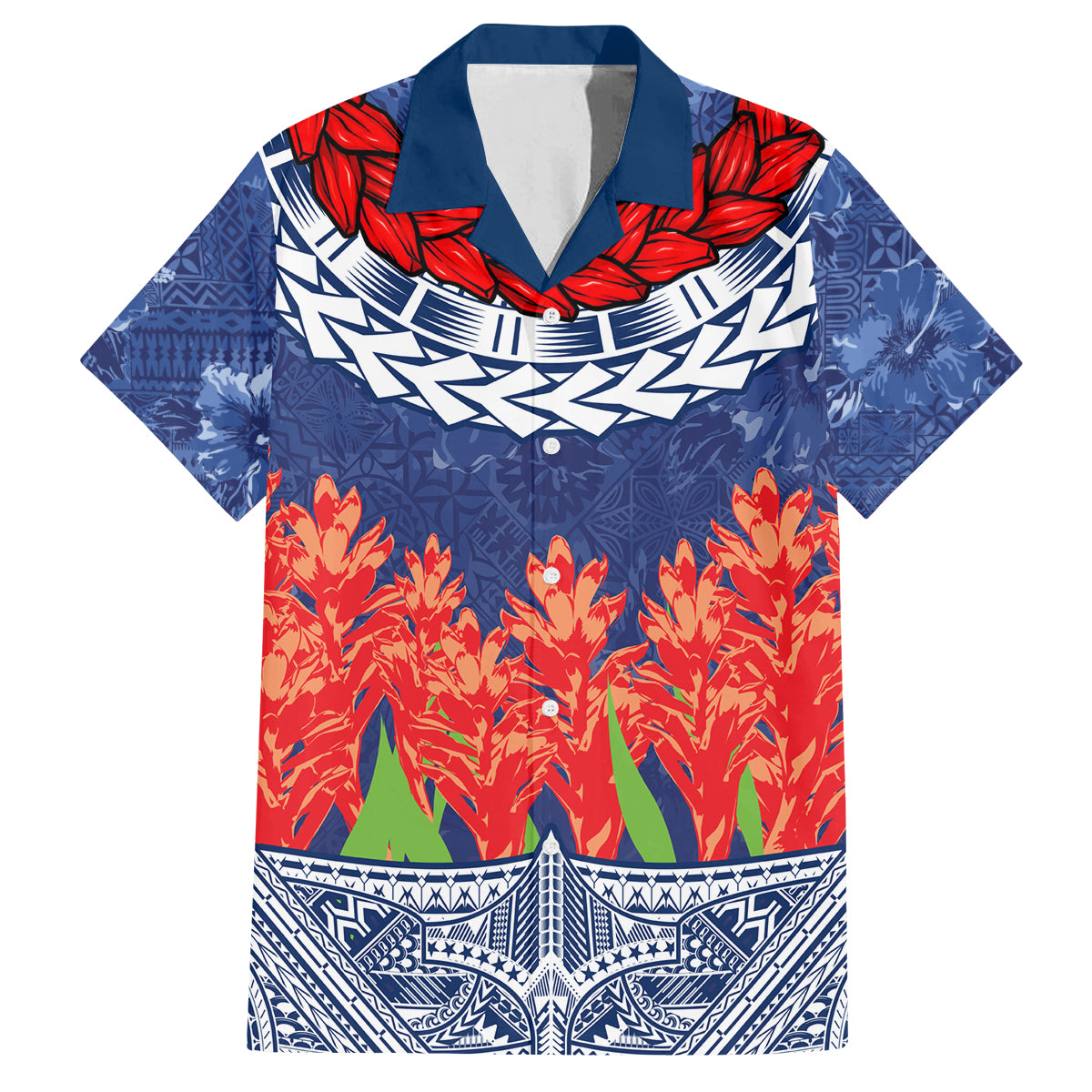 Samoan Tapa Family Matching Tank Maxi Dress and Hawaiian Shirt Ula Fala and Teuila Flower LT03 Dad's Shirt - Short Sleeve Blue - Polynesian Pride