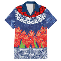 Samoan Tapa Family Matching Tank Maxi Dress and Hawaiian Shirt Ula Fala and Teuila Flower LT03 Dad's Shirt - Short Sleeve Blue - Polynesian Pride