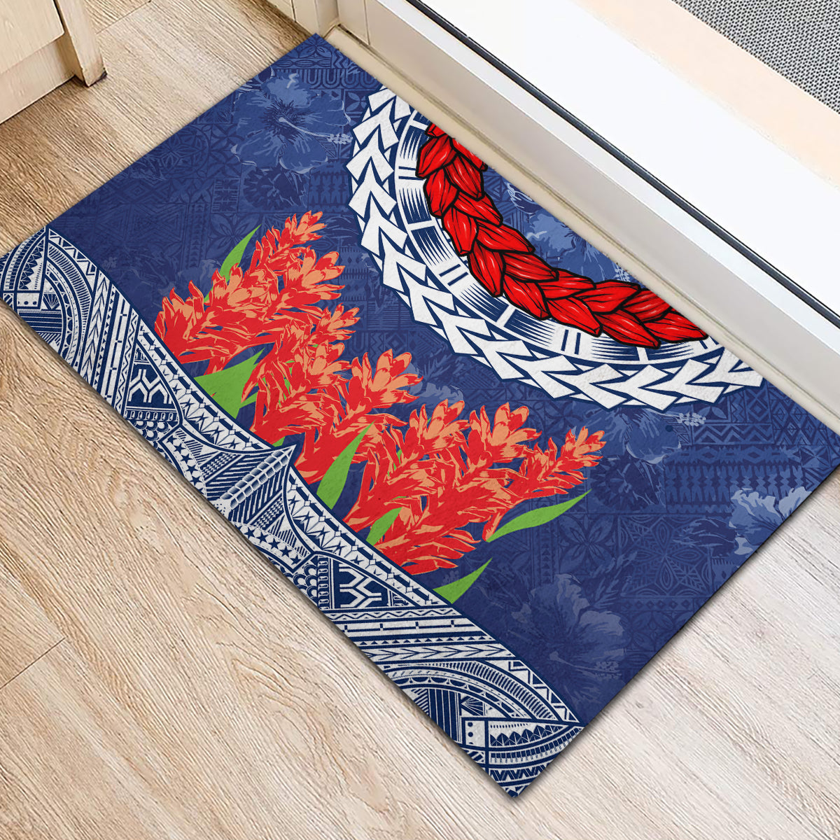 Samoan Tapa Rubber Doormat Ula Fala and Teuila Flower LT03 - Polynesian Pride