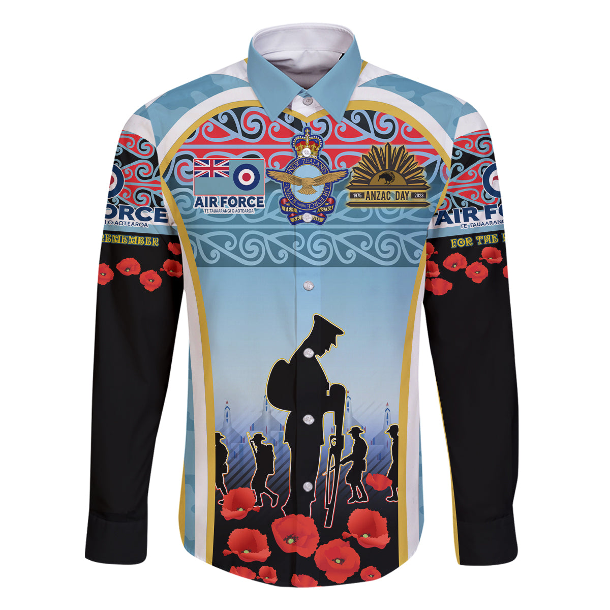 Royal New Zealand Air Force ANZAC Day Family Matching Off Shoulder Long Sleeve Dress and Hawaiian Shirt Te Tauaarangi o Aotearoa LT03 Dad's Shirt - Long Sleeve Blue - Polynesian Pride