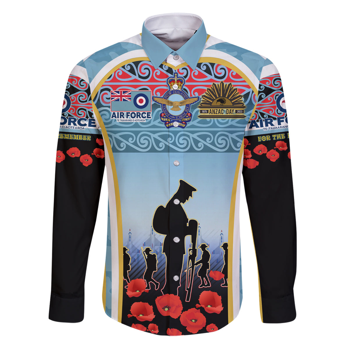 Royal New Zealand Air Force ANZAC Day Family Matching Puletasi and Hawaiian Shirt Te Tauaarangi o Aotearoa LT03 Dad's Shirt - Long Sleeve Blue - Polynesian Pride