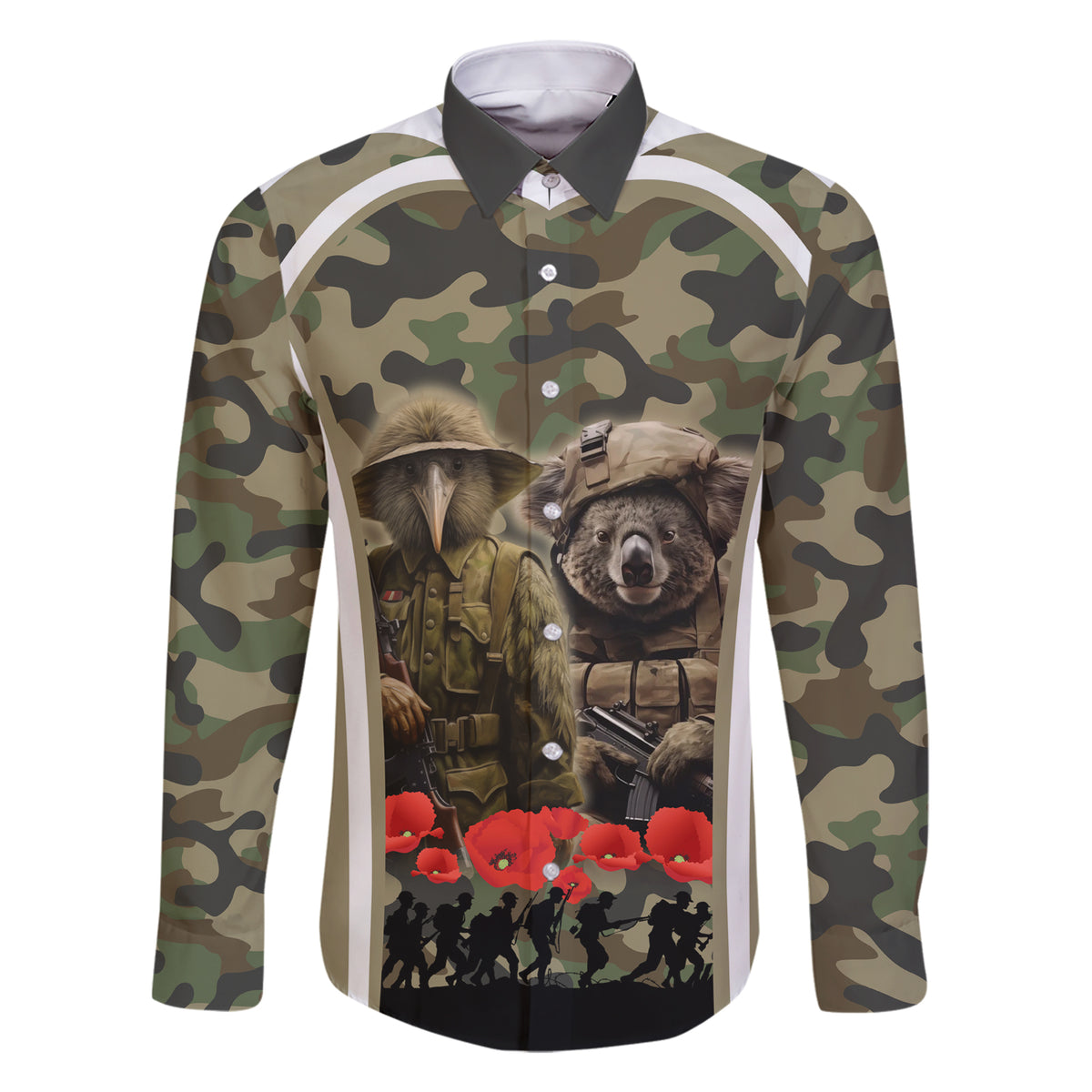 New Zealand and Australia ANZAC Day Family Matching Short Sleeve Bodycon Dress and Hawaiian Shirt Koala and Kiwi Bird Soldier Gallipoli Camouflage Style LT03 Dad's Shirt - Long Sleeve Green - Polynesian Pride