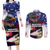 Personalised United States and American Samoa Couples Matching Long Sleeve Bodycon Dress and Long Sleeve Button Shirt Bald Eagle Rose and Hibiscus Flower LT03 Blue - Polynesian Pride