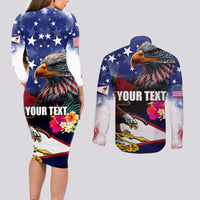 Personalised United States and American Samoa Couples Matching Long Sleeve Bodycon Dress and Long Sleeve Button Shirt Bald Eagle Rose and Hibiscus Flower LT03 - Polynesian Pride