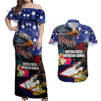 Personalised United States and American Samoa Couples Matching Off Shoulder Maxi Dress and Hawaiian Shirt Bald Eagle Rose and Hibiscus Flower LT03 Blue - Polynesian Pride