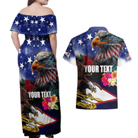 Personalised United States and American Samoa Couples Matching Off Shoulder Maxi Dress and Hawaiian Shirt Bald Eagle Rose and Hibiscus Flower LT03 - Polynesian Pride