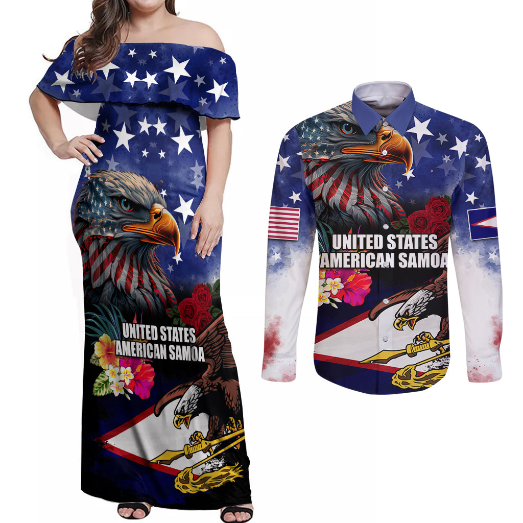 Personalised United States and American Samoa Couples Matching Off Shoulder Maxi Dress and Long Sleeve Button Shirt Bald Eagle Rose and Hibiscus Flower LT03 Blue - Polynesian Pride