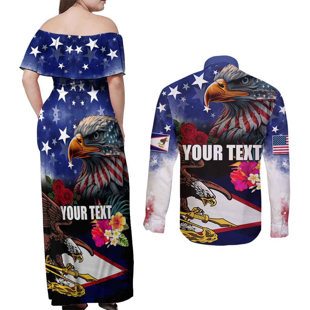 Personalised United States and American Samoa Couples Matching Off Shoulder Maxi Dress and Long Sleeve Button Shirt Bald Eagle Rose and Hibiscus Flower LT03 - Polynesian Pride