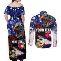 Personalised United States and American Samoa Couples Matching Off Shoulder Maxi Dress and Long Sleeve Button Shirt Bald Eagle Rose and Hibiscus Flower LT03 - Polynesian Pride