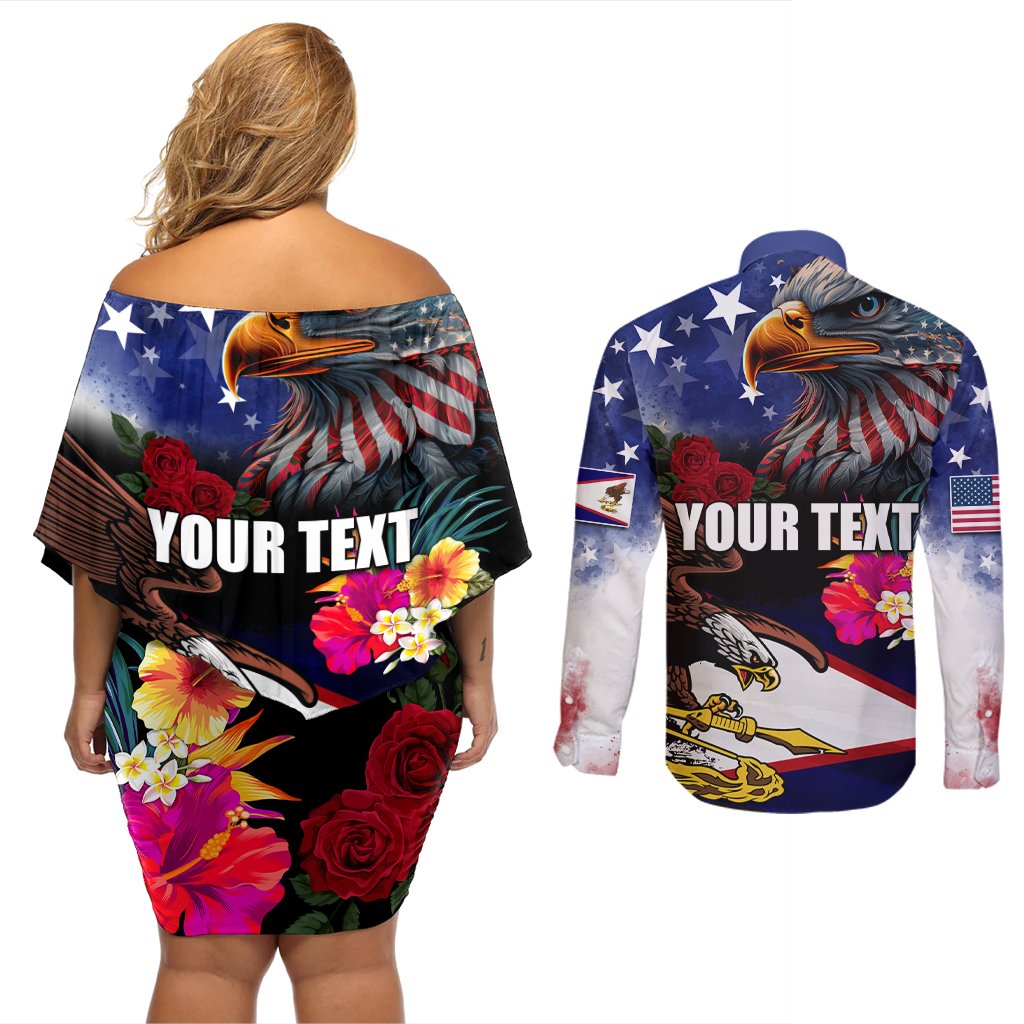Personalised United States and American Samoa Couples Matching Off Shoulder Short Dress and Long Sleeve Button Shirt Bald Eagle Rose and Hibiscus Flower LT03 - Polynesian Pride