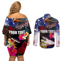 Personalised United States and American Samoa Couples Matching Off Shoulder Short Dress and Long Sleeve Button Shirt Bald Eagle Rose and Hibiscus Flower LT03 - Polynesian Pride