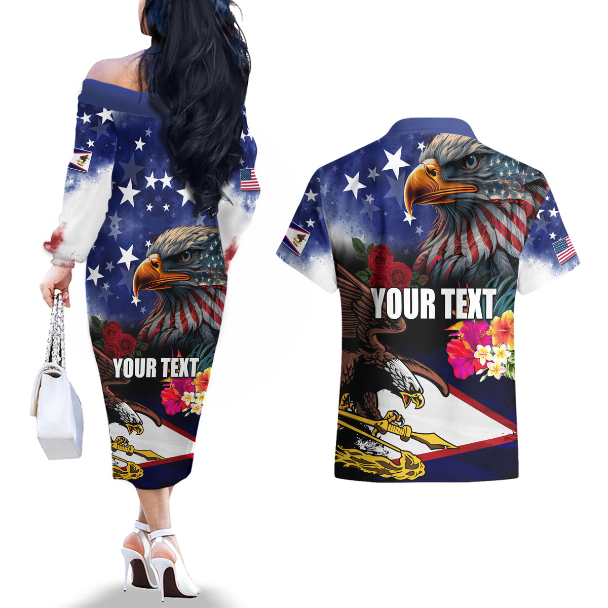 Personalised United States and American Samoa Couples Matching Off The Shoulder Long Sleeve Dress and Hawaiian Shirt Bald Eagle Rose and Hibiscus Flower LT03 - Polynesian Pride