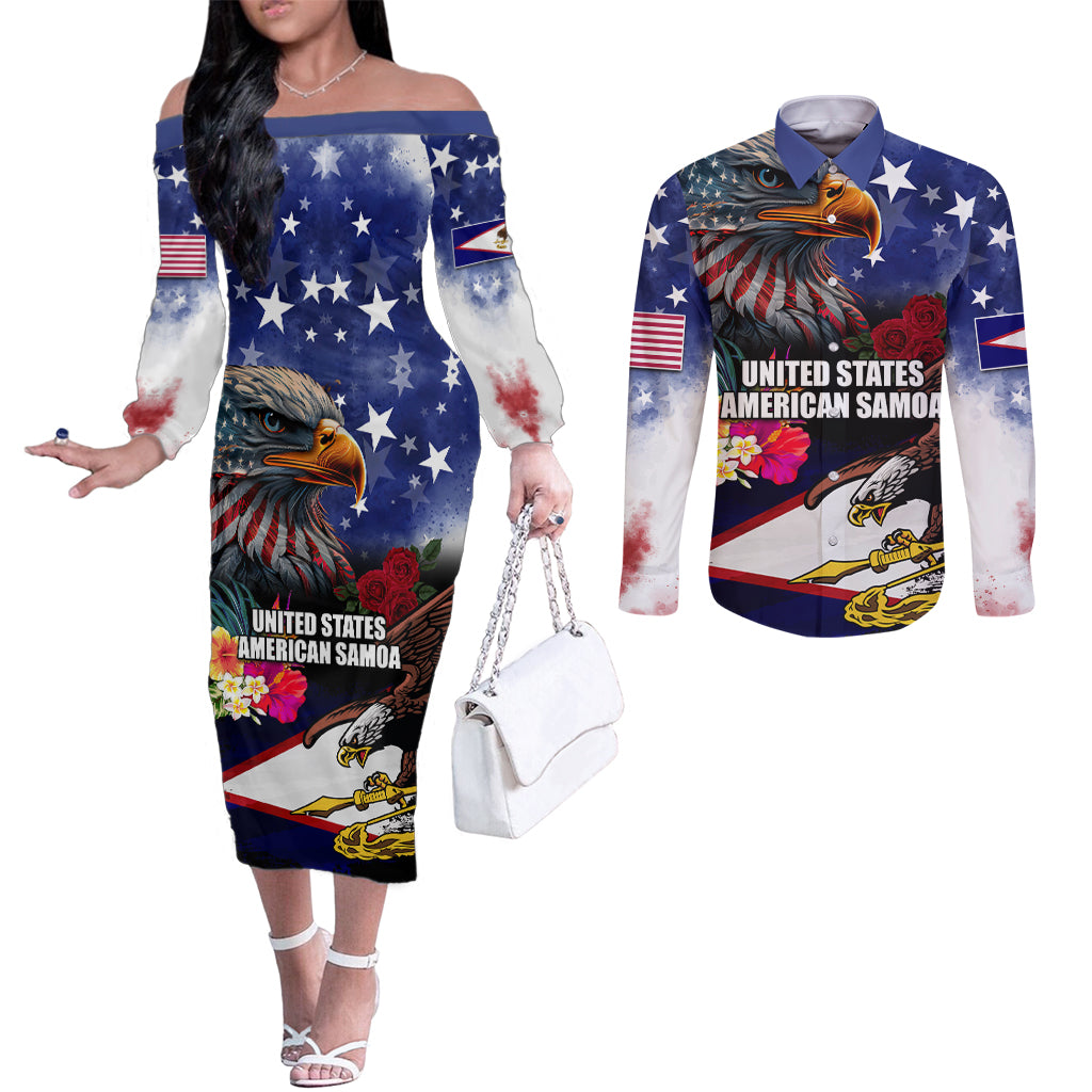 Personalised United States and American Samoa Couples Matching Off The Shoulder Long Sleeve Dress and Long Sleeve Button Shirt Bald Eagle Rose and Hibiscus Flower LT03 Blue - Polynesian Pride