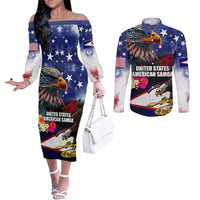 Personalised United States and American Samoa Couples Matching Off The Shoulder Long Sleeve Dress and Long Sleeve Button Shirt Bald Eagle Rose and Hibiscus Flower LT03 Blue - Polynesian Pride