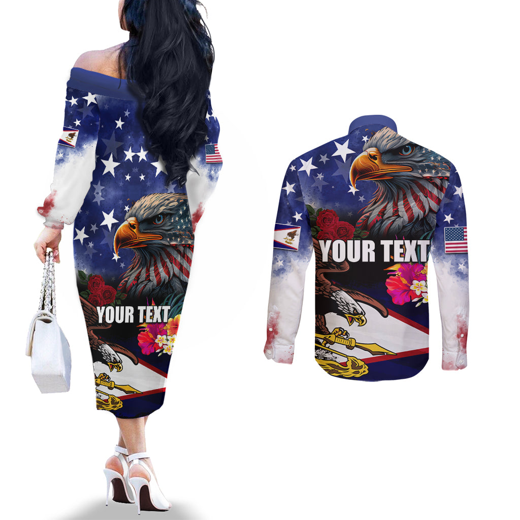 Personalised United States and American Samoa Couples Matching Off The Shoulder Long Sleeve Dress and Long Sleeve Button Shirt Bald Eagle Rose and Hibiscus Flower LT03 - Polynesian Pride