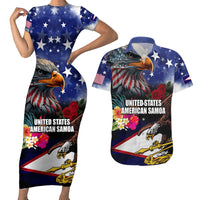 Personalised United States and American Samoa Couples Matching Short Sleeve Bodycon Dress and Hawaiian Shirt Bald Eagle Rose and Hibiscus Flower LT03 Blue - Polynesian Pride