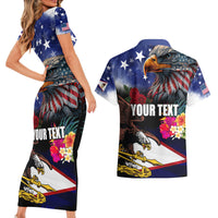 Personalised United States and American Samoa Couples Matching Short Sleeve Bodycon Dress and Hawaiian Shirt Bald Eagle Rose and Hibiscus Flower LT03 - Polynesian Pride