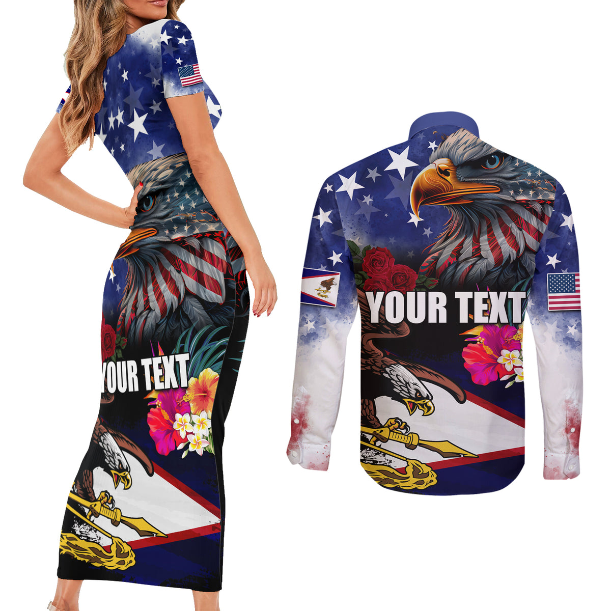 Personalised United States and American Samoa Couples Matching Short Sleeve Bodycon Dress and Long Sleeve Button Shirt Bald Eagle Rose and Hibiscus Flower LT03 - Polynesian Pride