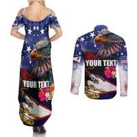 Personalised United States and American Samoa Couples Matching Summer Maxi Dress and Long Sleeve Button Shirt Bald Eagle Rose and Hibiscus Flower LT03 - Polynesian Pride