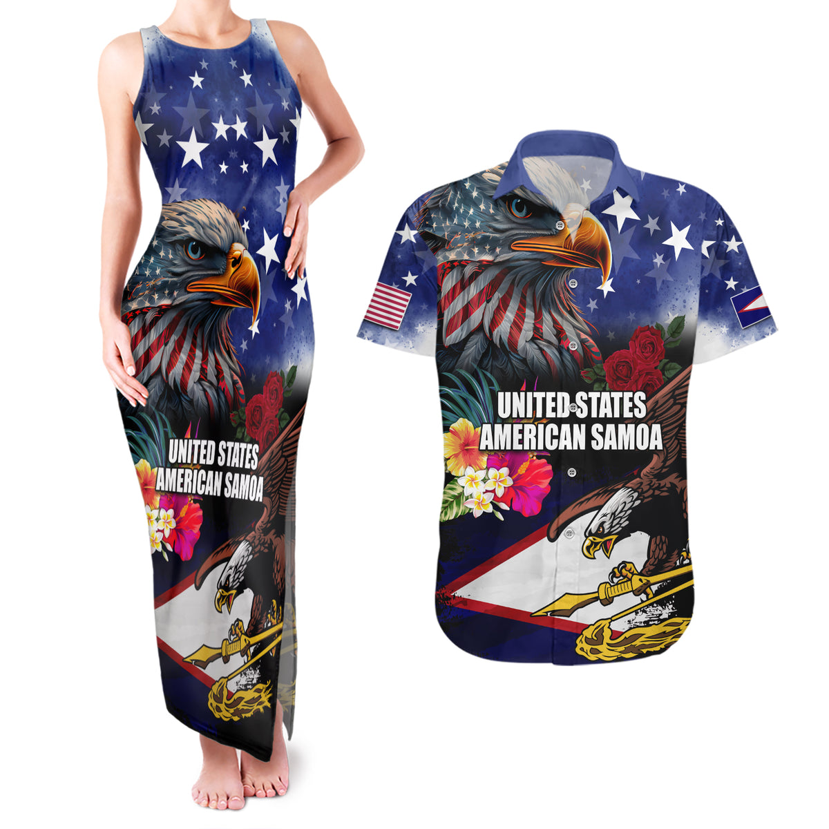 Personalised United States and American Samoa Couples Matching Tank Maxi Dress and Hawaiian Shirt Bald Eagle Rose and Hibiscus Flower LT03 Blue - Polynesian Pride