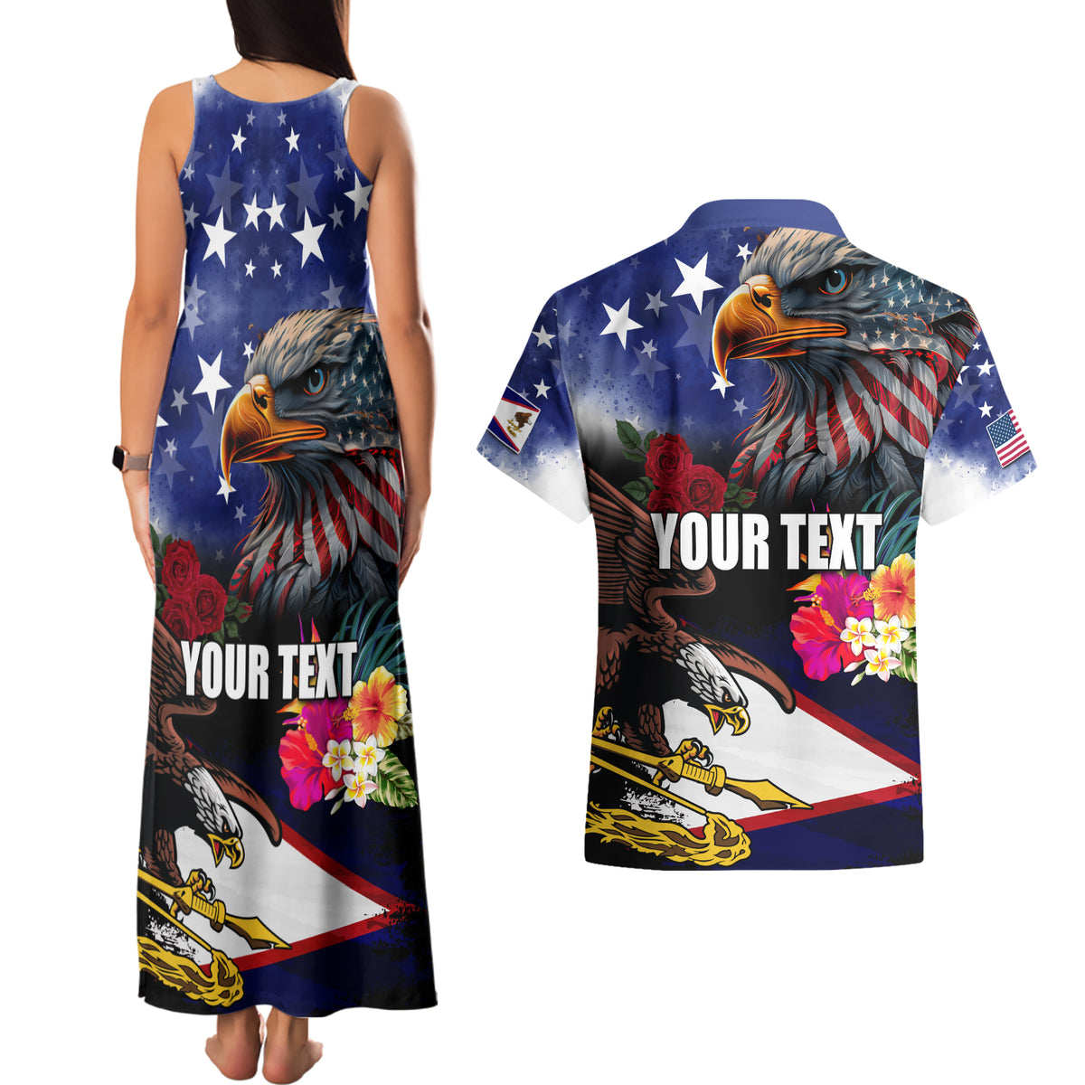 Personalised United States and American Samoa Couples Matching Tank Maxi Dress and Hawaiian Shirt Bald Eagle Rose and Hibiscus Flower LT03 - Polynesian Pride
