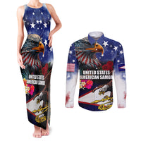 Personalised United States and American Samoa Couples Matching Tank Maxi Dress and Long Sleeve Button Shirt Bald Eagle Rose and Hibiscus Flower LT03 Blue - Polynesian Pride