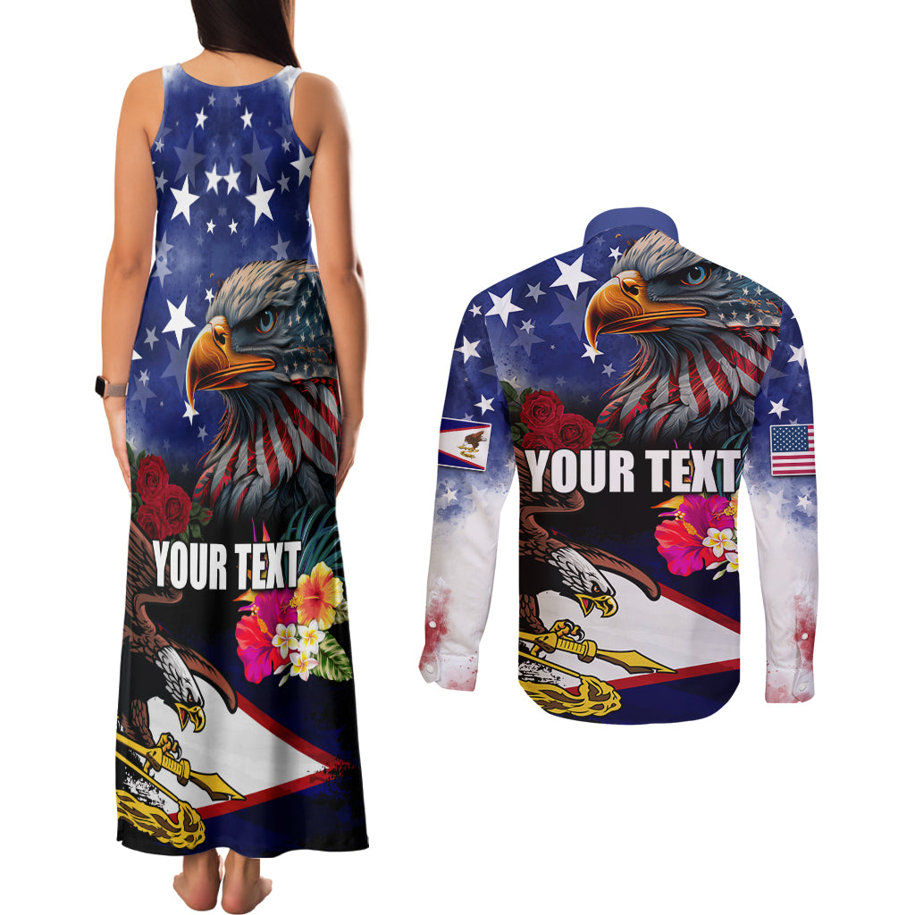 Personalised United States and American Samoa Couples Matching Tank Maxi Dress and Long Sleeve Button Shirt Bald Eagle Rose and Hibiscus Flower LT03 - Polynesian Pride