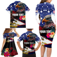 Personalised United States and American Samoa Family Matching Long Sleeve Bodycon Dress and Hawaiian Shirt Bald Eagle Rose and Hibiscus Flower LT03 - Polynesian Pride