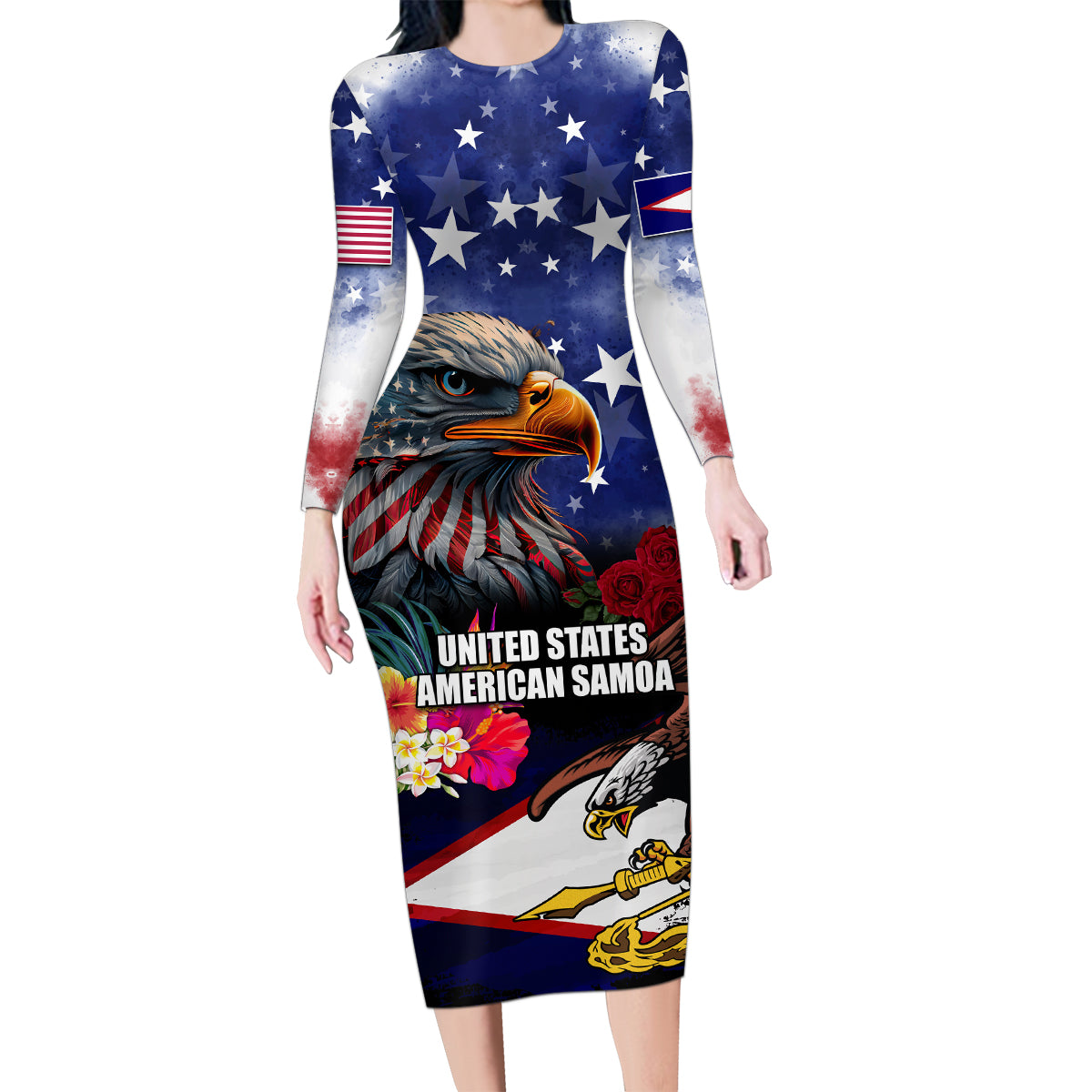 Personalised United States and American Samoa Family Matching Long Sleeve Bodycon Dress and Hawaiian Shirt Bald Eagle Rose and Hibiscus Flower LT03 Mom's Dress Blue - Polynesian Pride