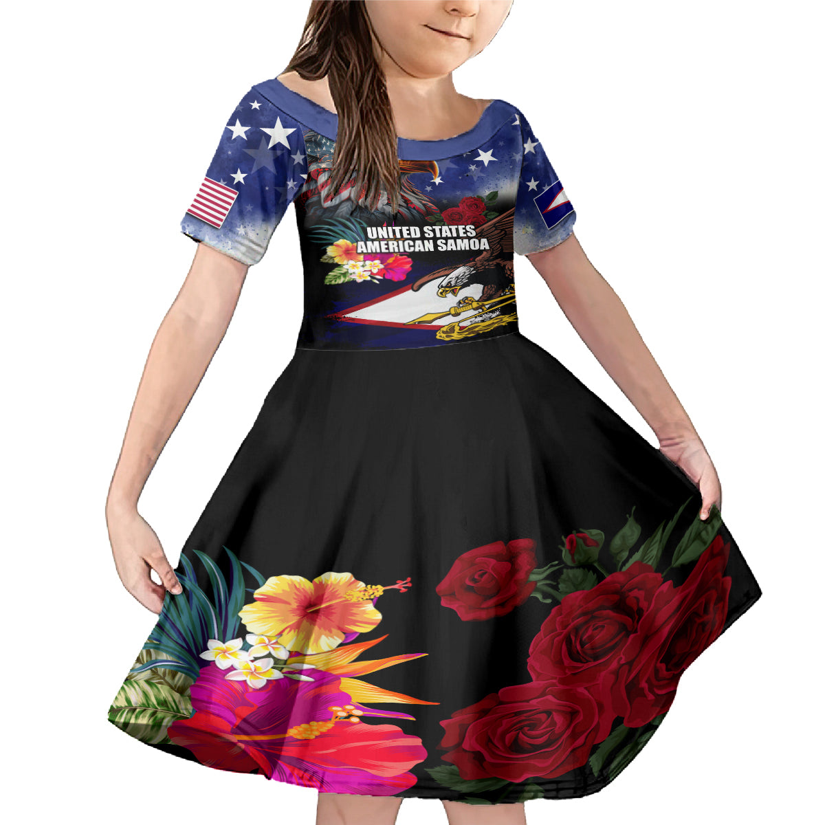 Personalised United States and American Samoa Family Matching Mermaid Dress and Hawaiian Shirt Bald Eagle Rose and Hibiscus Flower LT03 Daughter's Dress Blue - Polynesian Pride
