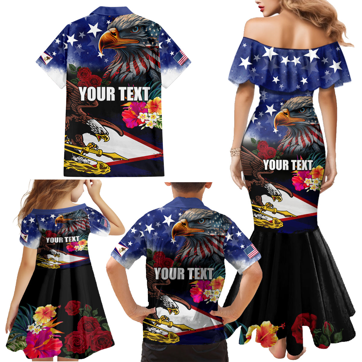 Personalised United States and American Samoa Family Matching Mermaid Dress and Hawaiian Shirt Bald Eagle Rose and Hibiscus Flower LT03 - Polynesian Pride