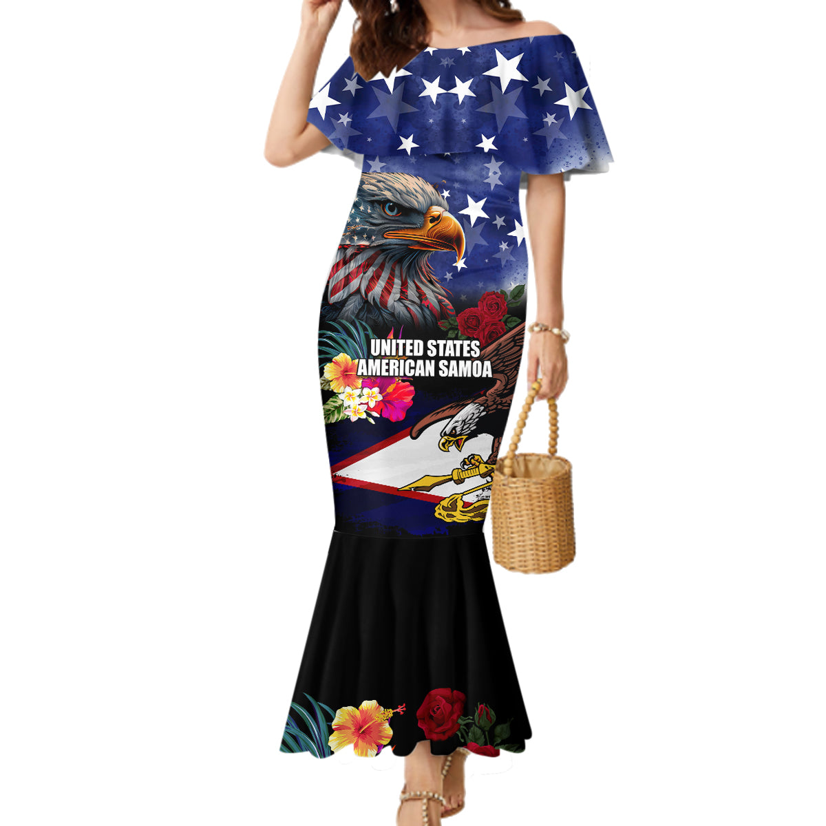 Personalised United States and American Samoa Family Matching Mermaid Dress and Hawaiian Shirt Bald Eagle Rose and Hibiscus Flower LT03 Mom's Dress Blue - Polynesian Pride