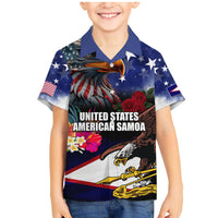 Personalised United States and American Samoa Family Matching Mermaid Dress and Hawaiian Shirt Bald Eagle Rose and Hibiscus Flower LT03 Son's Shirt Blue - Polynesian Pride