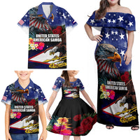 Personalised United States and American Samoa Family Matching Off Shoulder Maxi Dress and Hawaiian Shirt Bald Eagle Rose and Hibiscus Flower LT03 - Polynesian Pride