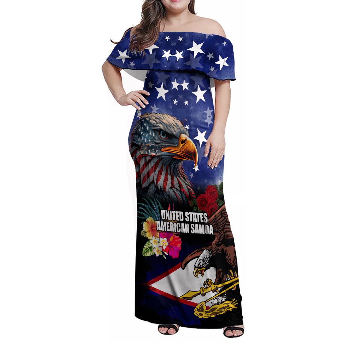 Personalised United States and American Samoa Family Matching Off Shoulder Maxi Dress and Hawaiian Shirt Bald Eagle Rose and Hibiscus Flower LT03 Mom's Dress Blue - Polynesian Pride