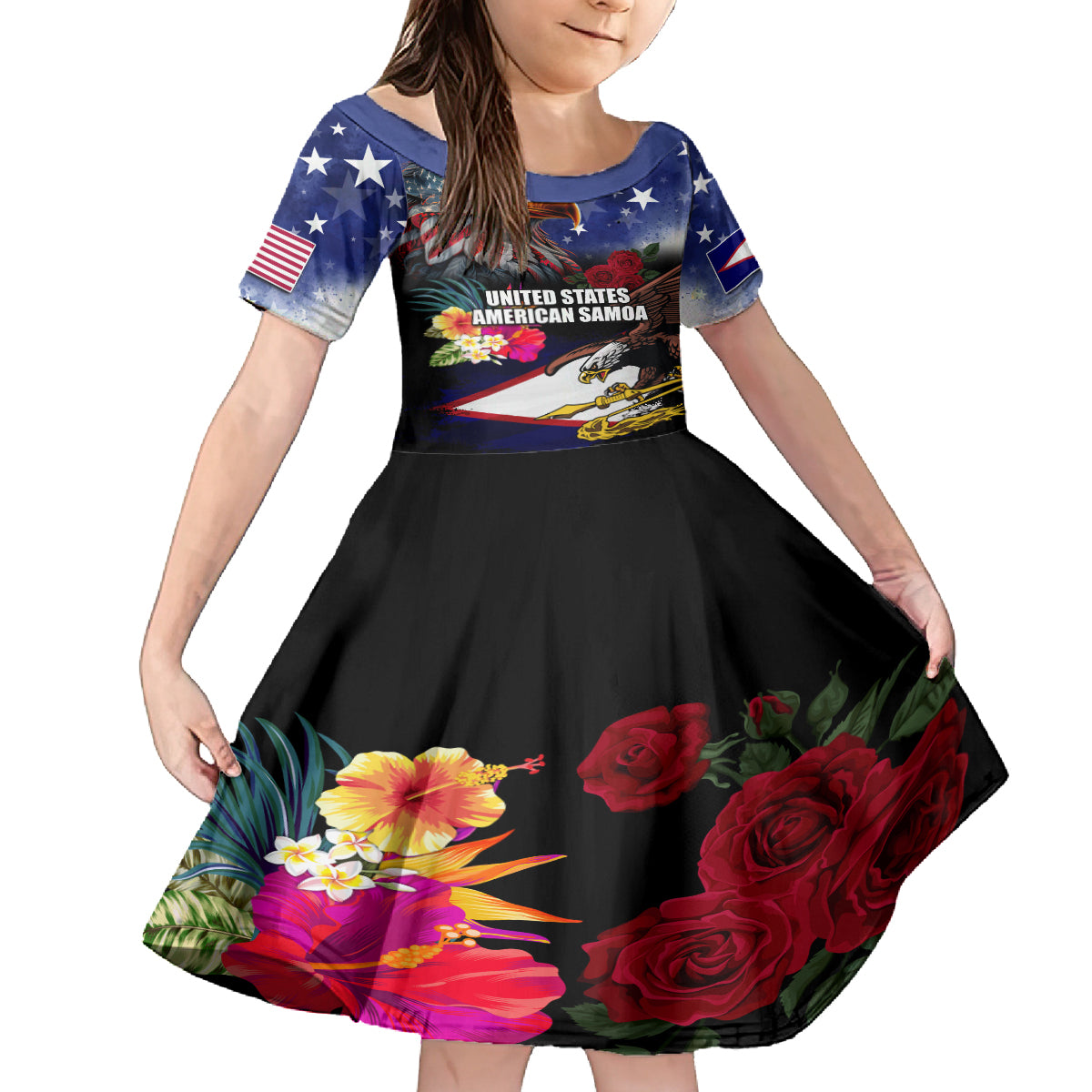 Personalised United States and American Samoa Family Matching Off Shoulder Short Dress and Hawaiian Shirt Bald Eagle Rose and Hibiscus Flower LT03 Daughter's Dress Blue - Polynesian Pride