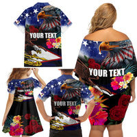 Personalised United States and American Samoa Family Matching Off Shoulder Short Dress and Hawaiian Shirt Bald Eagle Rose and Hibiscus Flower LT03 - Polynesian Pride
