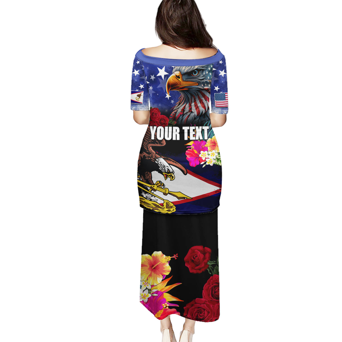 Personalised United States and American Samoa Family Matching Puletasi and Hawaiian Shirt Bald Eagle Rose and Hibiscus Flower LT03 - Polynesian Pride