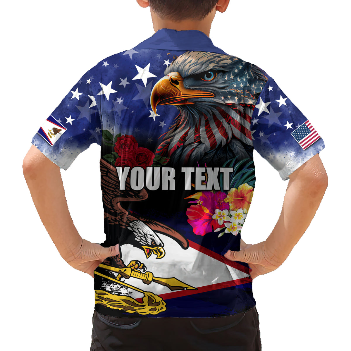 Personalised United States and American Samoa Family Matching Short Sleeve Bodycon Dress and Hawaiian Shirt Bald Eagle Rose and Hibiscus Flower LT03 - Polynesian Pride