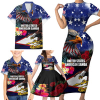 Personalised United States and American Samoa Family Matching Short Sleeve Bodycon Dress and Hawaiian Shirt Bald Eagle Rose and Hibiscus Flower LT03 - Polynesian Pride