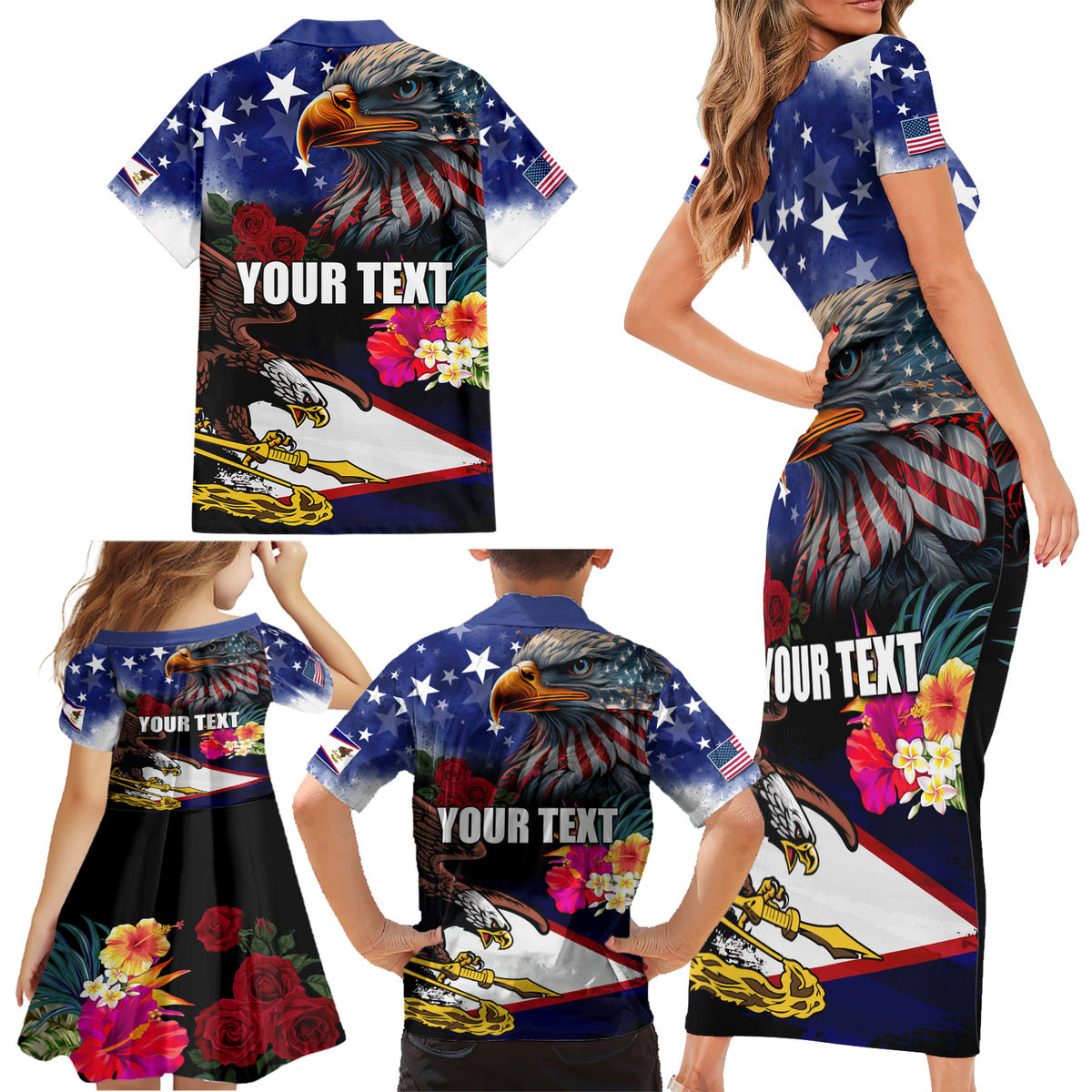 Personalised United States and American Samoa Family Matching Short Sleeve Bodycon Dress and Hawaiian Shirt Bald Eagle Rose and Hibiscus Flower LT03 - Polynesian Pride