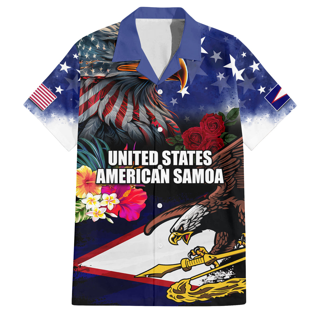 Personalised United States and American Samoa Family Matching Tank Maxi Dress and Hawaiian Shirt Bald Eagle Rose and Hibiscus Flower LT03 Dad's Shirt - Short Sleeve Blue - Polynesian Pride