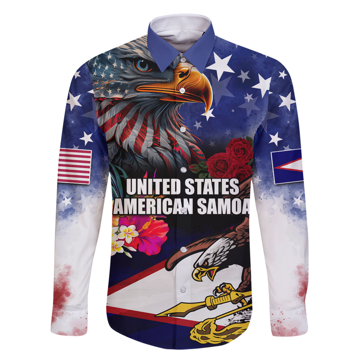 Personalised United States and American Samoa Family Matching Tank Maxi Dress and Hawaiian Shirt Bald Eagle Rose and Hibiscus Flower LT03 Dad's Shirt - Long Sleeve Blue - Polynesian Pride
