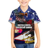 Personalised United States and American Samoa Family Matching Tank Maxi Dress and Hawaiian Shirt Bald Eagle Rose and Hibiscus Flower LT03 Son's Shirt Blue - Polynesian Pride
